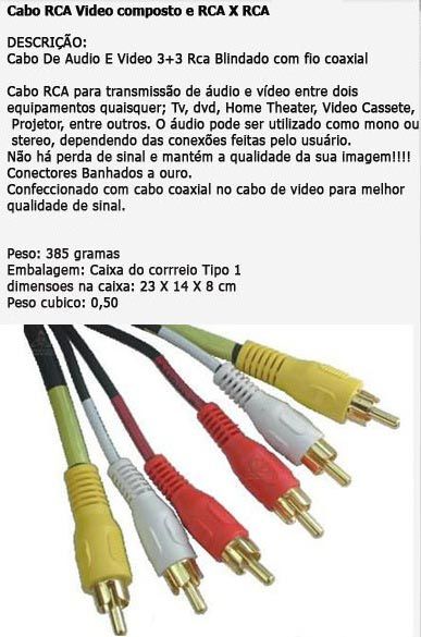 Cabo Rca De Audio E Video(coaxial) P/ Tv, Dvd, Sky, Net